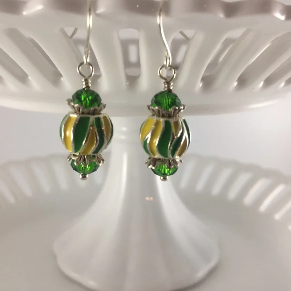 Handmade Earrings Unique Green Yellow Silver.925 Plated Dangle New